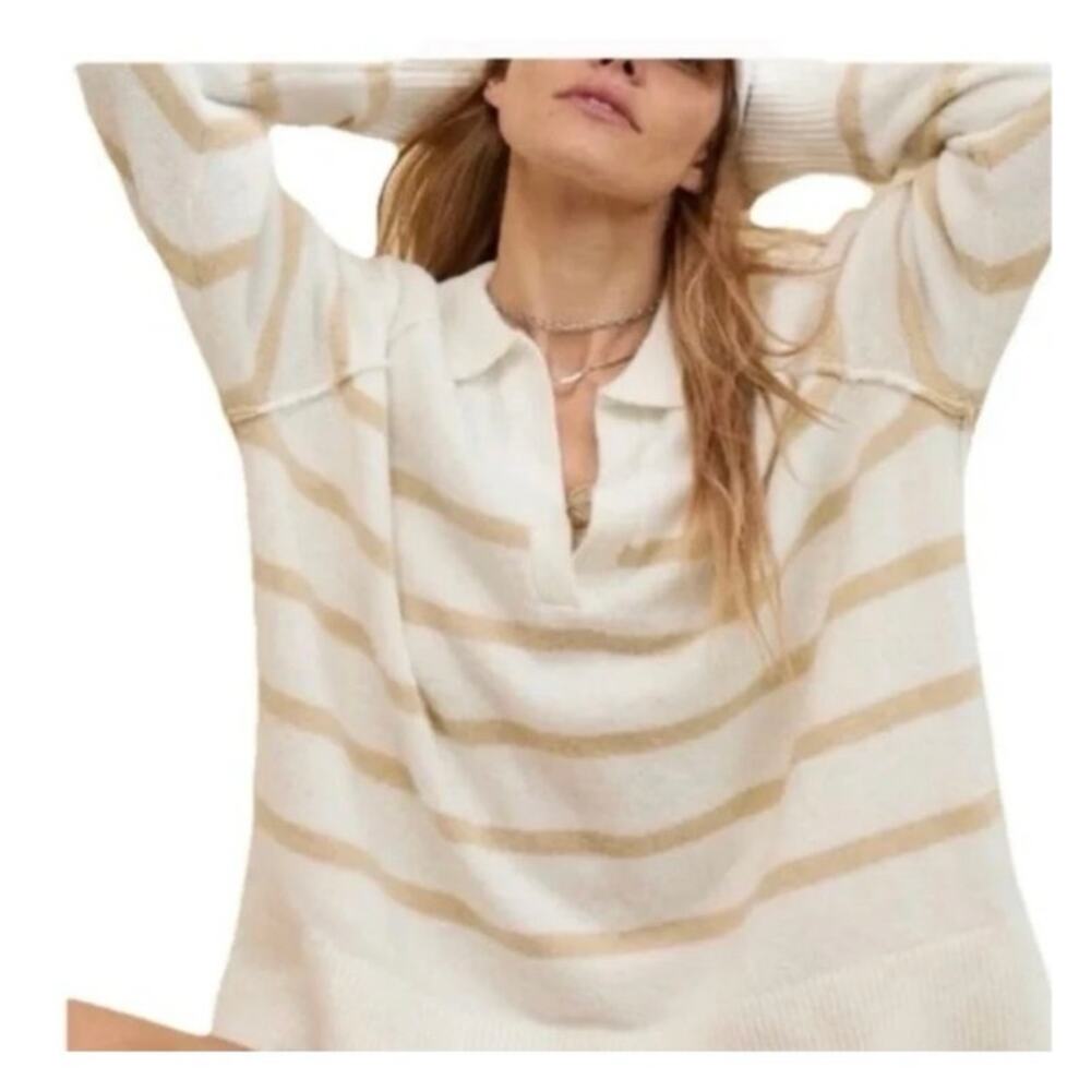 Aerie UnREAL Polo Sweater Cream Gold Striped Oversized Coastal Preppy XS